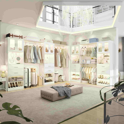 41-120 Inch Adjustable Wardrobe Closet System with 4 Drawers, Cabinets, and Shelves