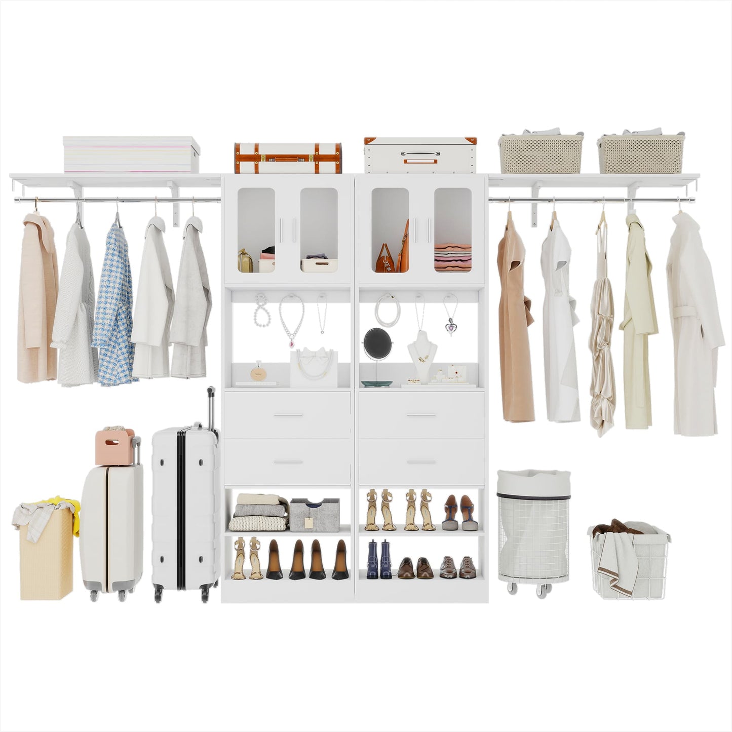 41-120 Inch Adjustable Wardrobe Closet System with 4 Drawers, Cabinets, and Shelves