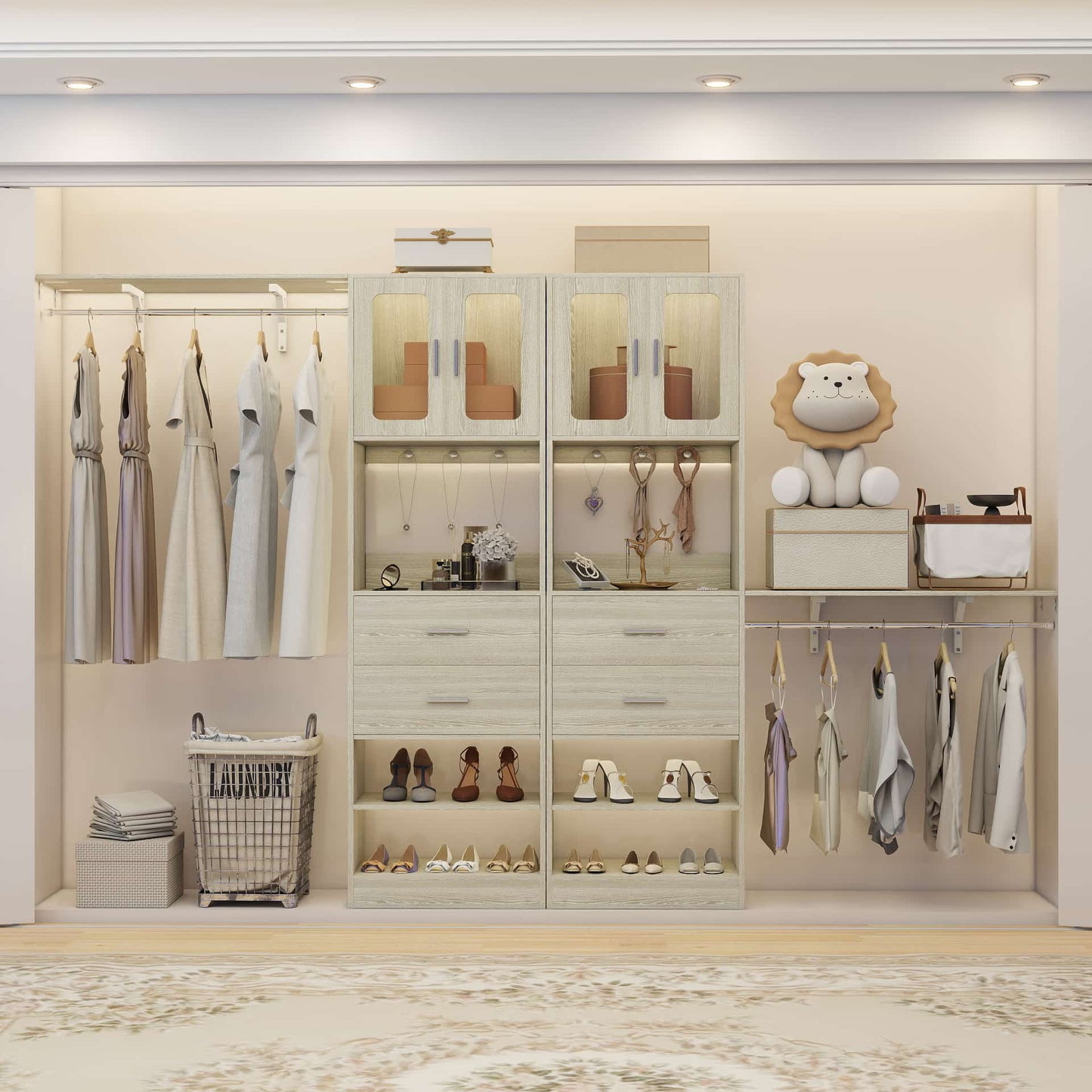 41-120 Inch Adjustable Wardrobe Closet System with 4 Drawers, Cabinets, and Shelves