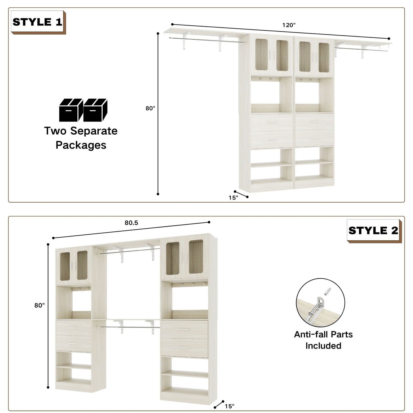 41-120 Inch Adjustable Wardrobe Closet System with 4 Drawers, Cabinets, and Shelves