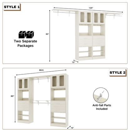 41-120 Inch Adjustable Wardrobe Closet System with 4 Drawers, Cabinets, and Shelves