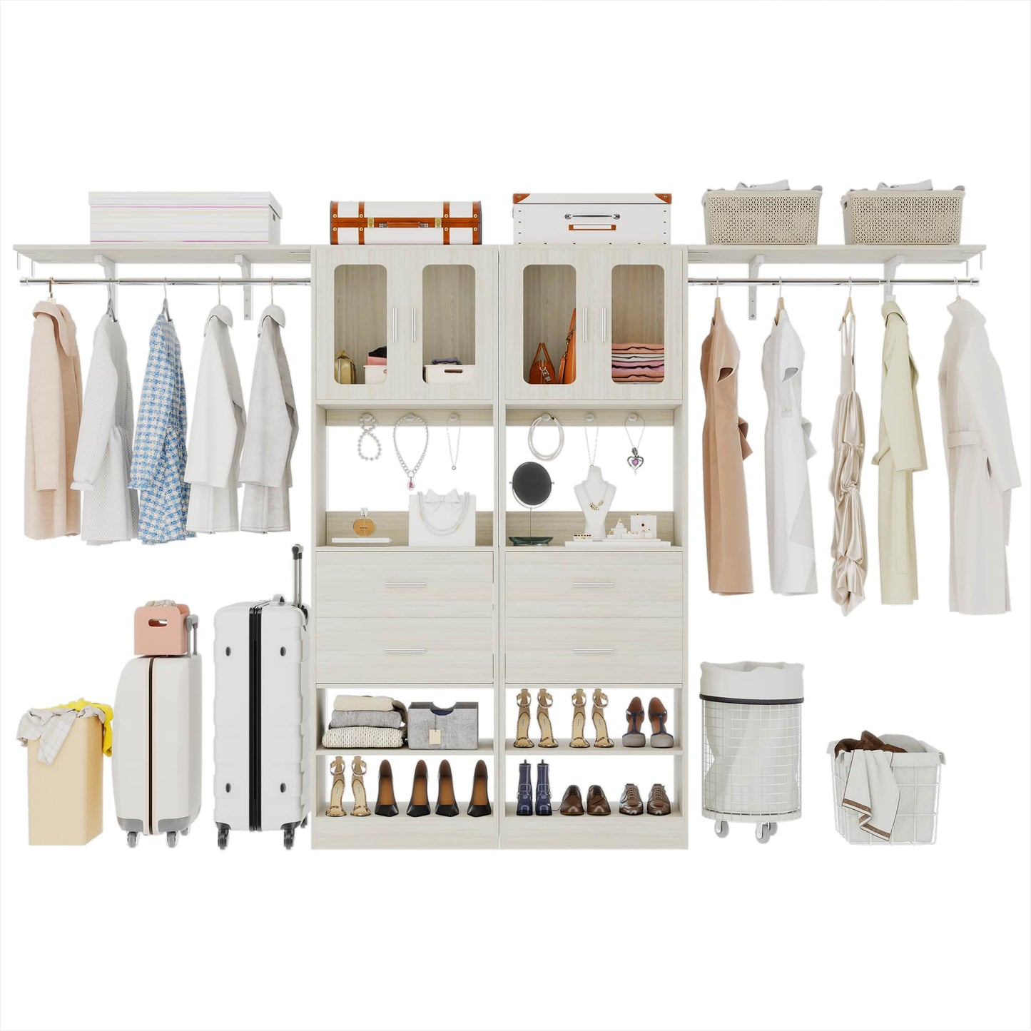 41-120 Inch Adjustable Wardrobe Closet System with 4 Drawers, Cabinets, and Shelves