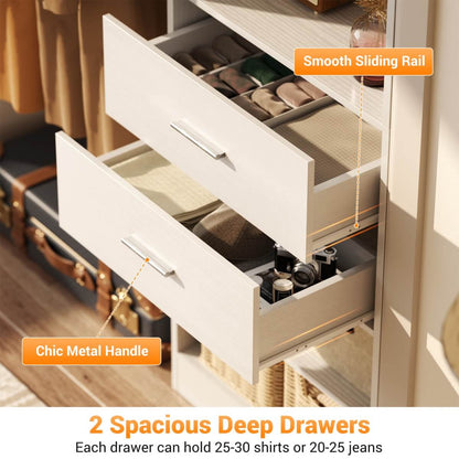 60'' Closet Organizer System with 2 Drawers, 2 Hanging Rods, and Cabinet, Reversible