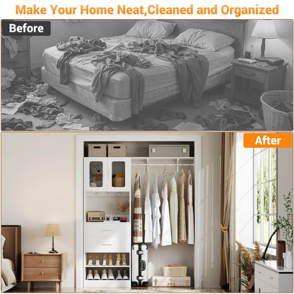 60'' Closet Organizer System with 2 Drawers, 2 Hanging Rods, and Cabinet, Reversible