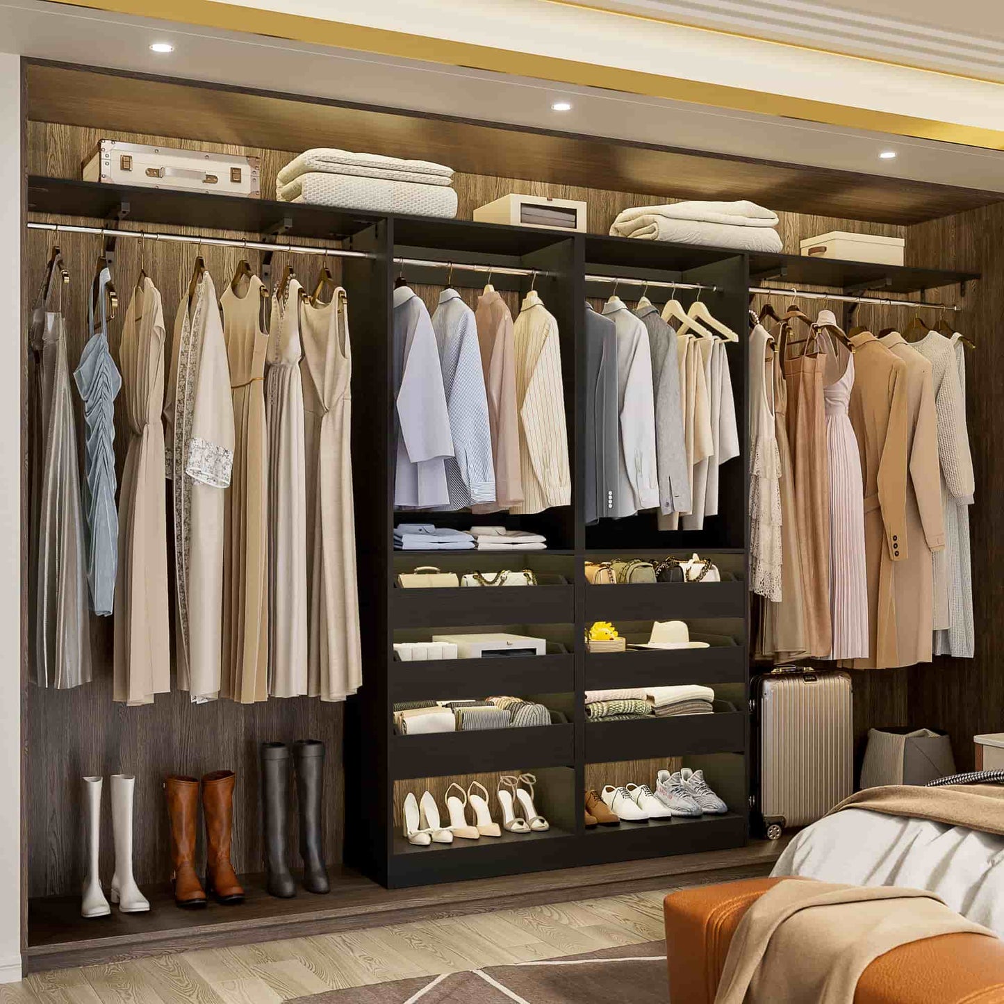 3.5-10 Ft Adjustable Closet Organizer System Set of 2, Heavy Duty Walk-in Closet System with 6 Drawers, 4 Hanging Rods & 2 Shelf Towers