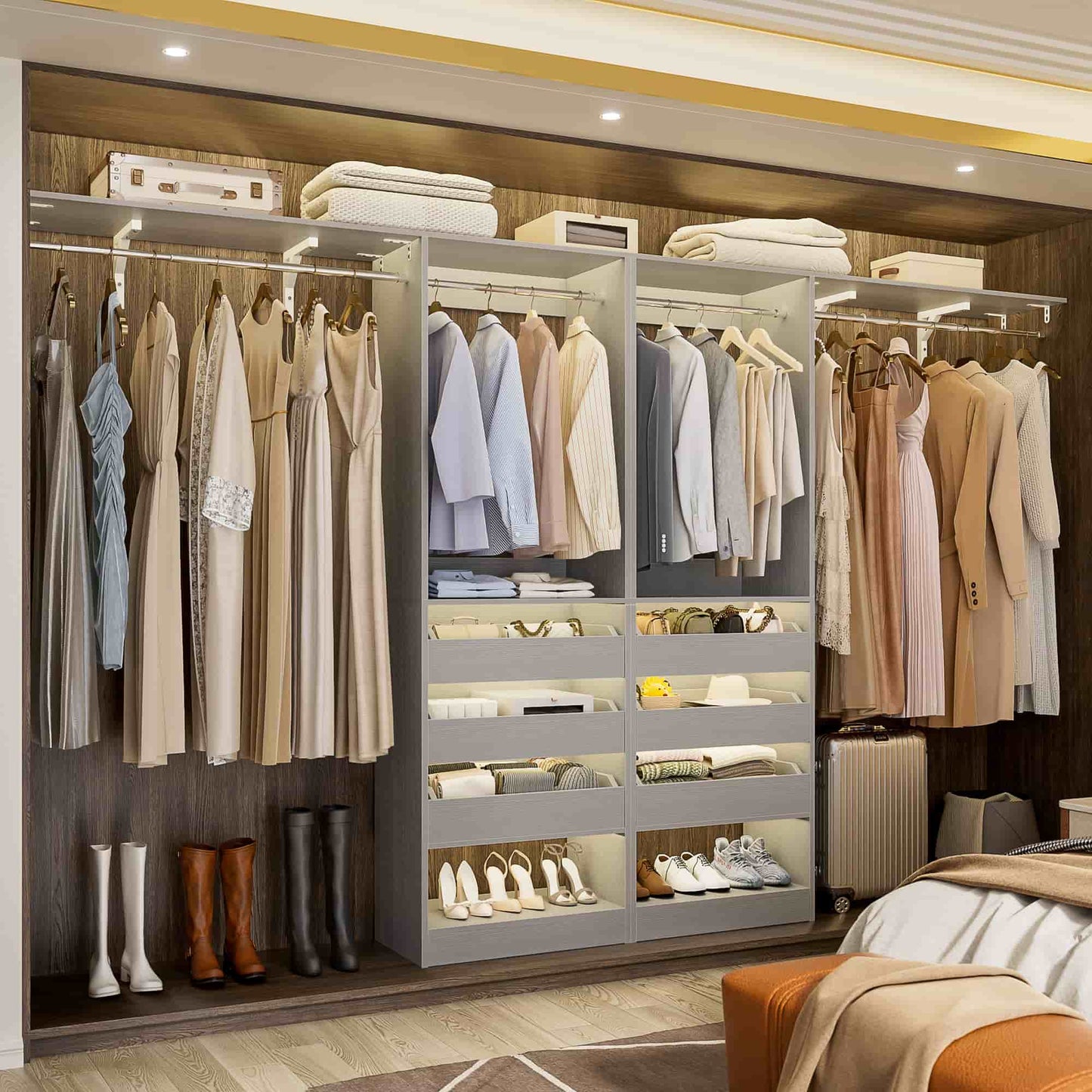3.5-10 Ft Adjustable Closet Organizer System Set of 2, Heavy Duty Walk-in Closet System with 6 Drawers, 4 Hanging Rods & 2 Shelf Towers