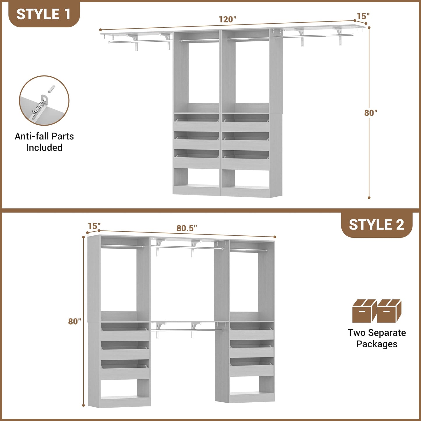 3.5-10 Ft Adjustable Closet Organizer System Set of 2, Heavy Duty Walk-in Closet System with 6 Drawers, 4 Hanging Rods & 2 Shelf Towers