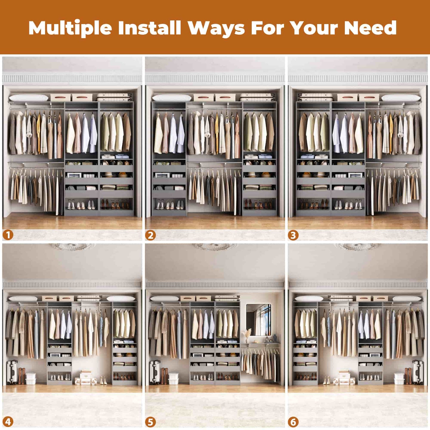 3.5-10 Ft Adjustable Closet Organizer System Set of 2, Heavy Duty Walk-in Closet System with 6 Drawers, 4 Hanging Rods & 2 Shelf Towers