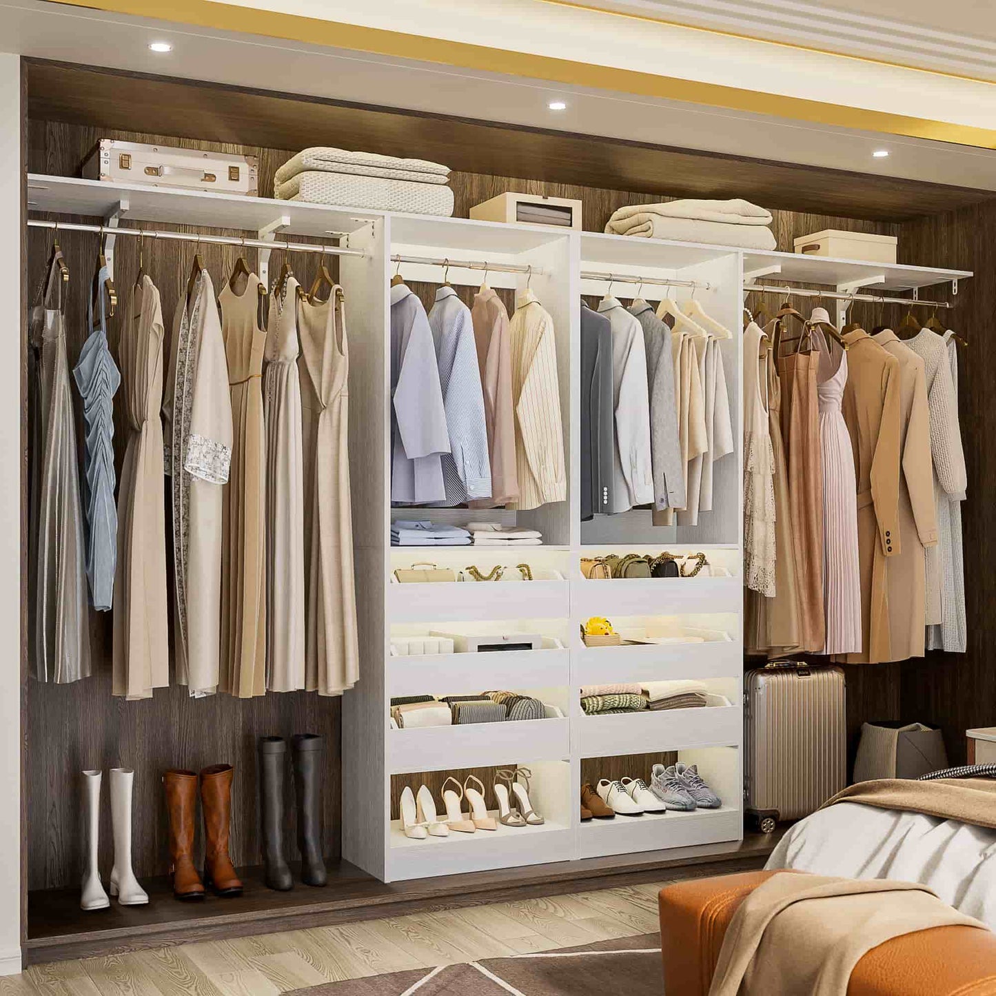 3.5-10 Ft Adjustable Closet Organizer System Set of 2, Heavy Duty Walk-in Closet System with 6 Drawers, 4 Hanging Rods & 2 Shelf Towers