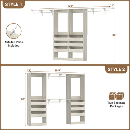 3.5-10 Ft Adjustable Closet Organizer System Set of 2, Heavy Duty Walk-in Closet System with 6 Drawers, 4 Hanging Rods & 2 Shelf Towers