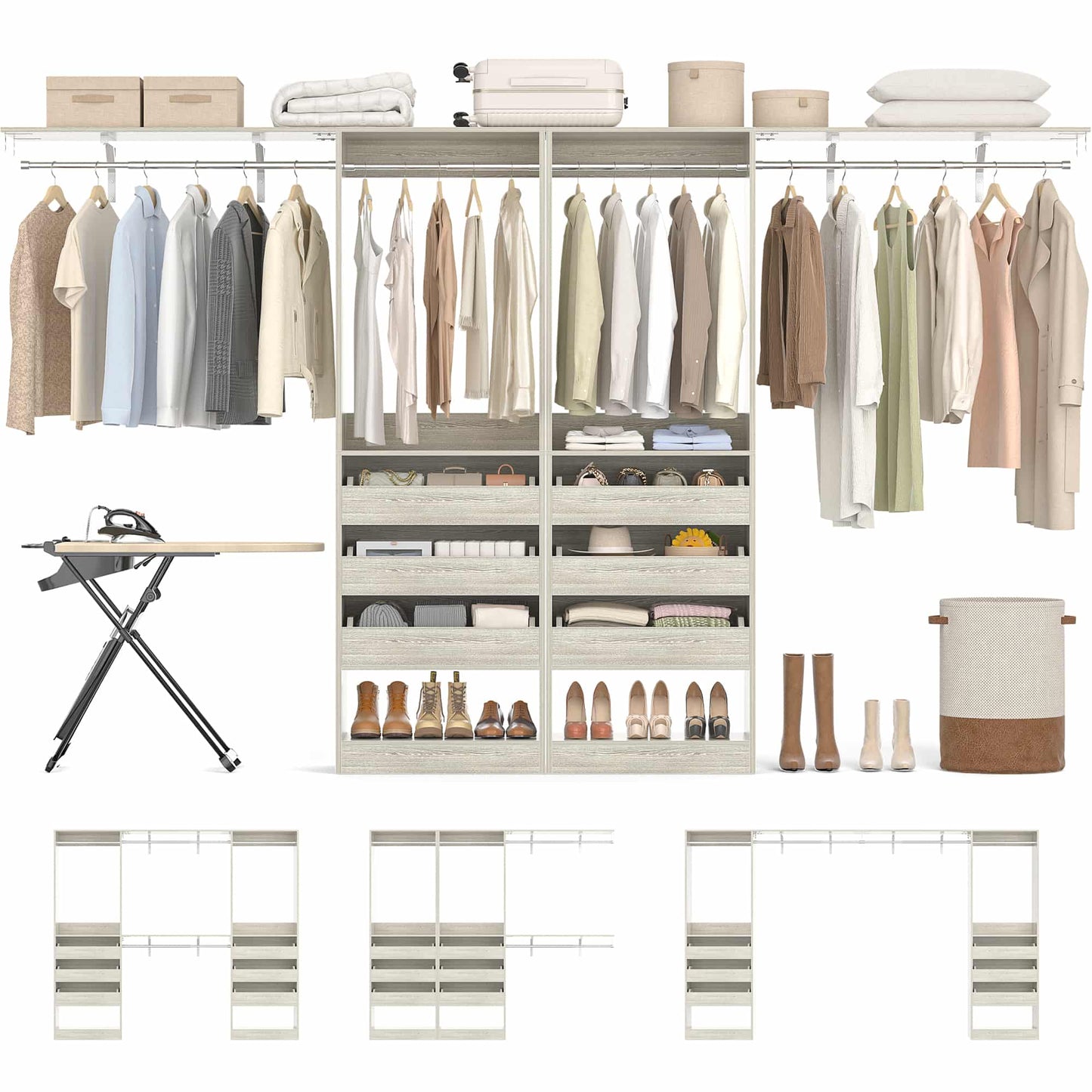 3.5-10 Ft Adjustable Closet Organizer System Set of 2, Heavy Duty Walk-in Closet System with 6 Drawers, 4 Hanging Rods & 2 Shelf Towers