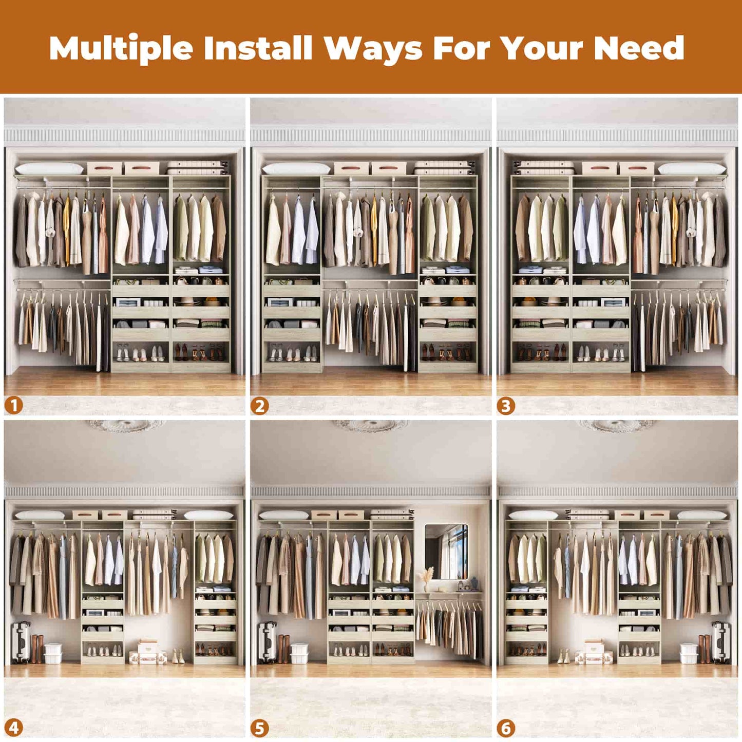 3.5-10 Ft Adjustable Closet Organizer System Set of 2, Heavy Duty Walk-in Closet System with 6 Drawers, 4 Hanging Rods & 2 Shelf Towers
