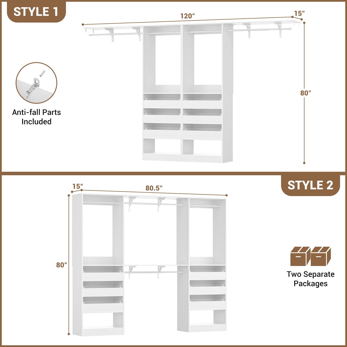 3.5-10 Ft Adjustable Closet Organizer System Set of 2, Heavy Duty Walk-in Closet System with 6 Drawers, 4 Hanging Rods & 2 Shelf Towers