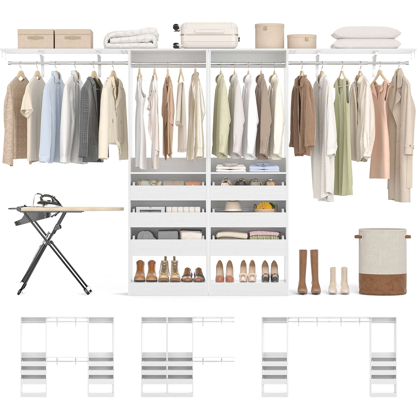 3.5-10 Ft Adjustable Closet Organizer System Set of 2, Heavy Duty Walk-in Closet System with 6 Drawers, 4 Hanging Rods & 2 Shelf Towers