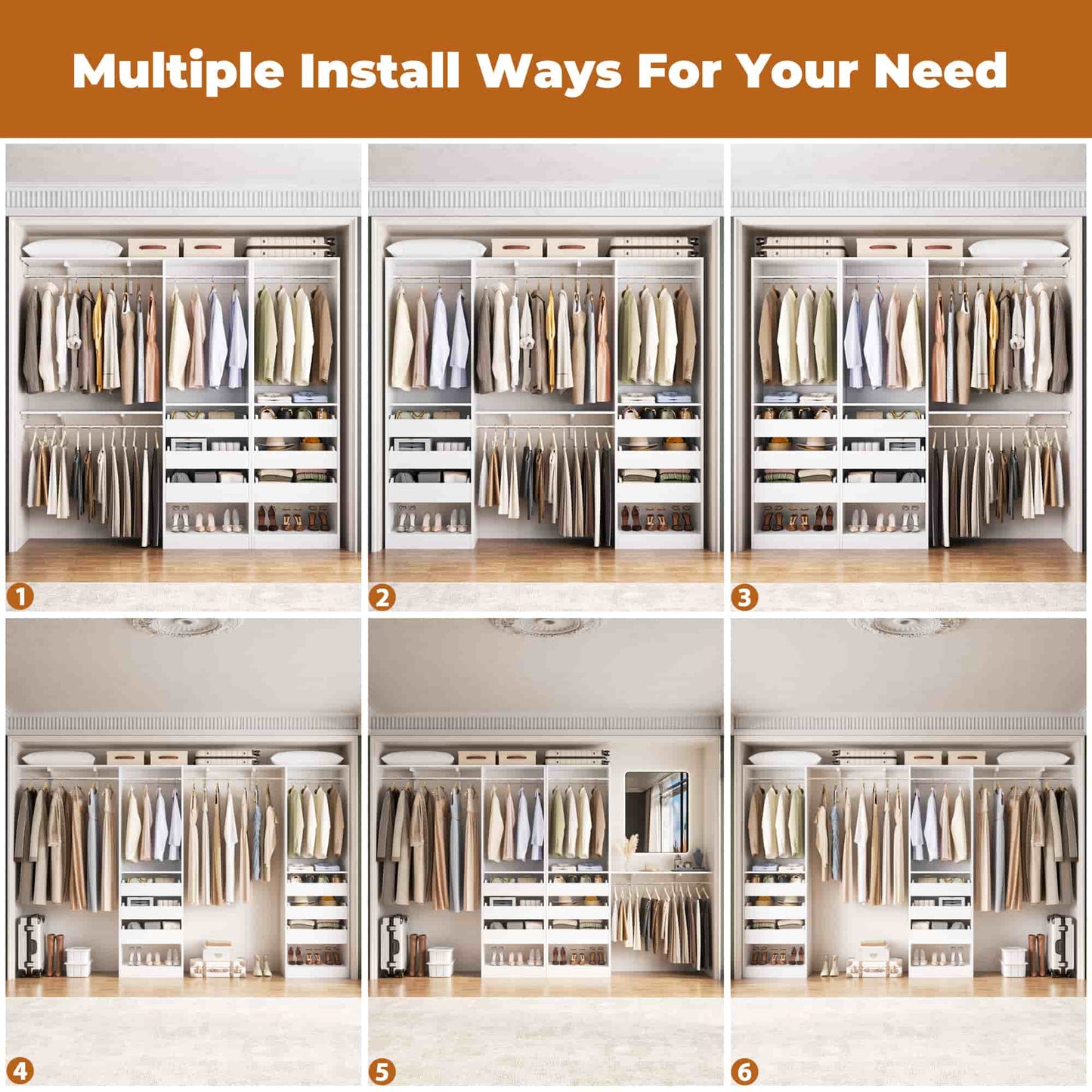3.5-10 Ft Adjustable Closet Organizer System Set of 2, Heavy Duty Walk-in Closet System with 6 Drawers, 4 Hanging Rods & 2 Shelf Towers
