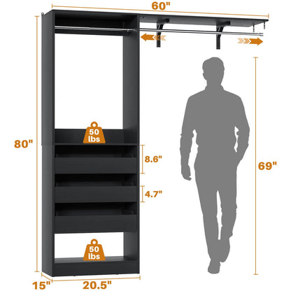 5FT Closet Organizer System with 3 Drawers and 2 Hanging Rods, Reversible Design