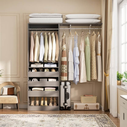 5FT Closet Organizer System with 3 Drawers and 2 Hanging Rods, Reversible Design