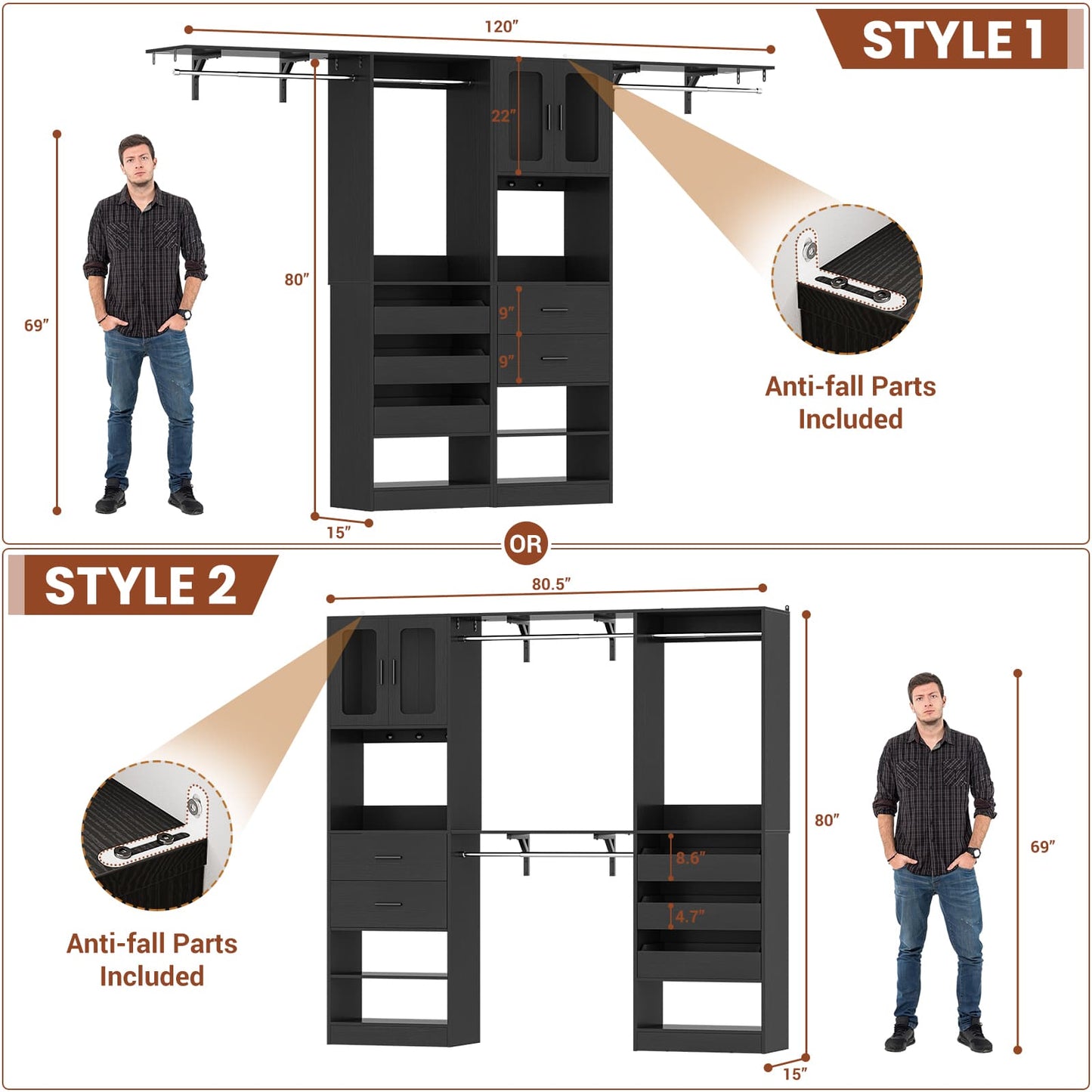 120'' Closet System with 2 Sets, 10FT Walk in Closet Organizer with 5 Drawers & 3 Hanging Rods, Reversible