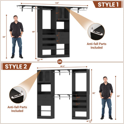 120'' Closet System with 2 Sets, 10FT Walk in Closet Organizer with 5 Drawers & 3 Hanging Rods, Reversible