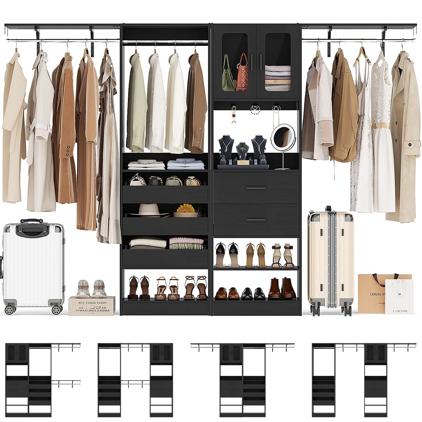 120'' Closet System with 2 Sets, 10FT Walk in Closet Organizer with 5 Drawers & 3 Hanging Rods, Reversible