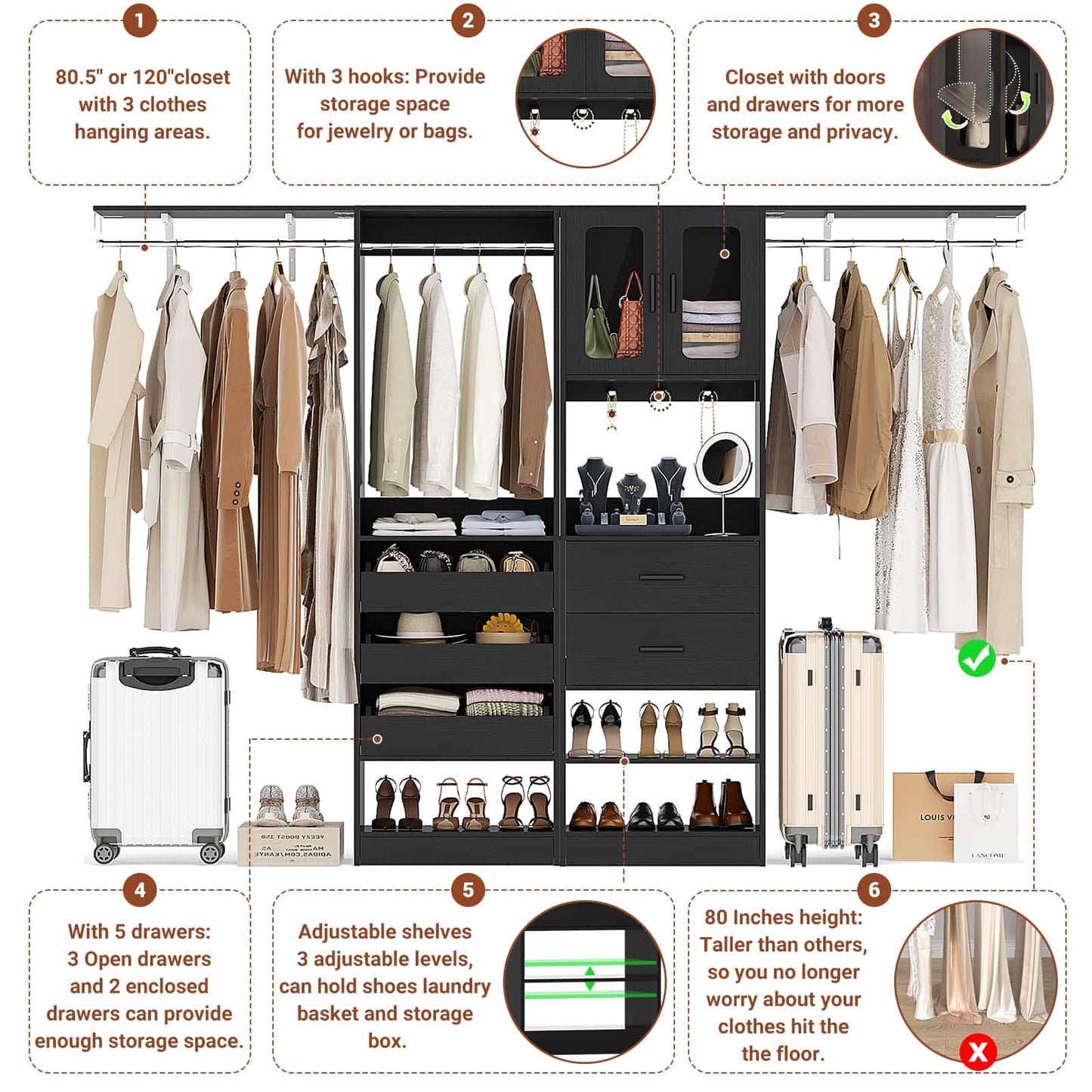 120'' Closet System with 2 Sets, 10FT Walk in Closet Organizer with 5 Drawers & 3 Hanging Rods, Reversible