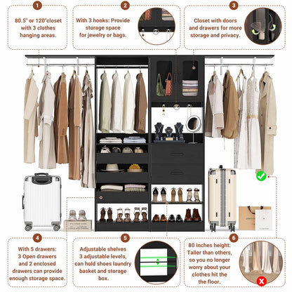 120'' Closet System with 2 Sets, 10FT Walk in Closet Organizer with 5 Drawers & 3 Hanging Rods, Reversible