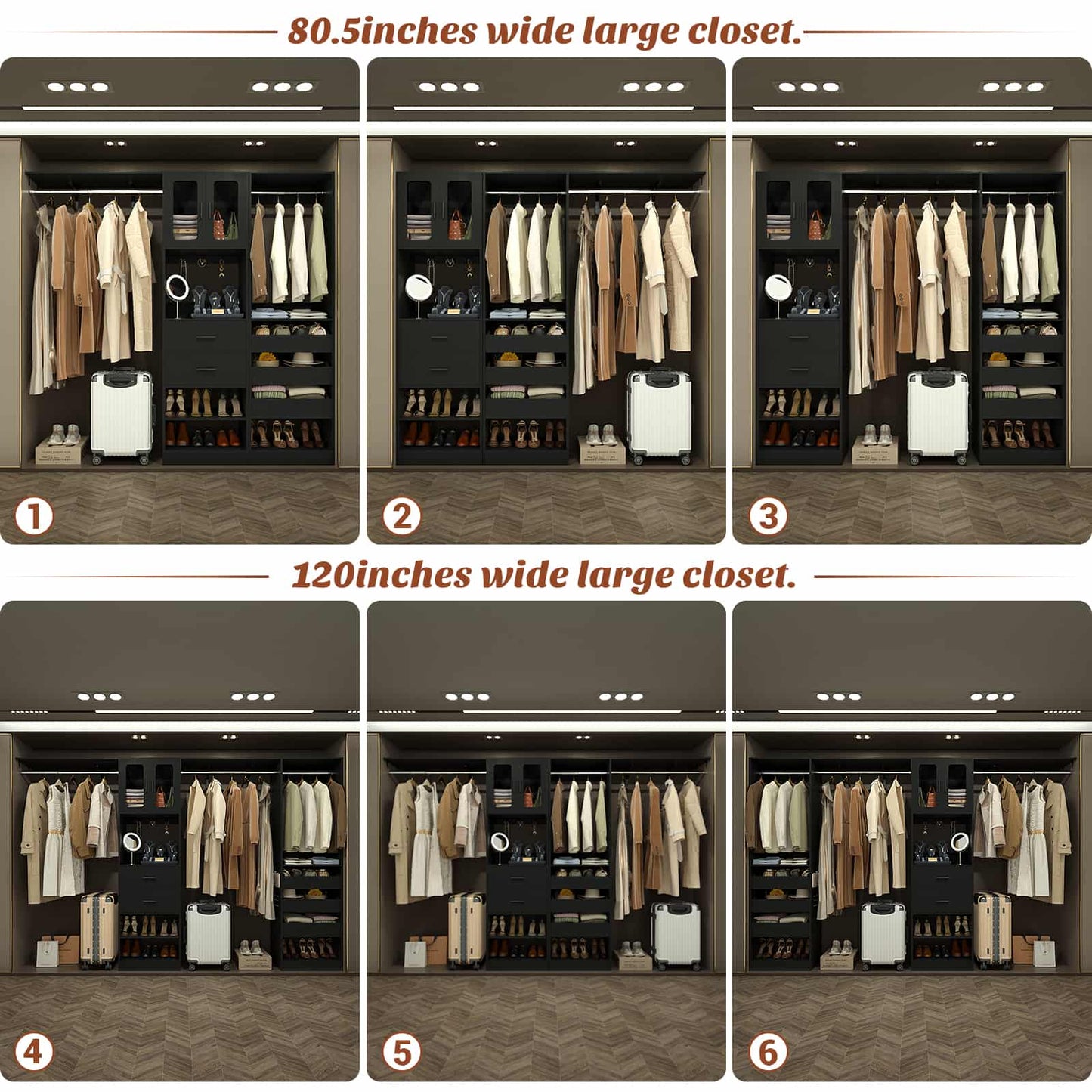 120'' Closet System with 2 Sets, 10FT Walk in Closet Organizer with 5 Drawers & 3 Hanging Rods, Reversible