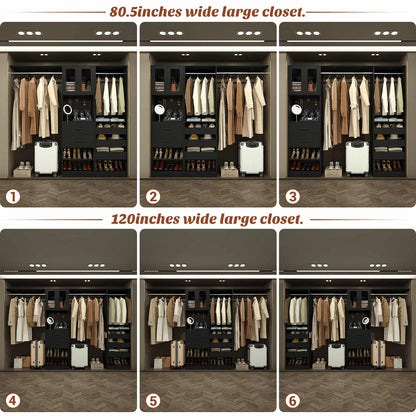 120'' Closet System with 2 Sets, 10FT Walk in Closet Organizer with 5 Drawers & 3 Hanging Rods, Reversible