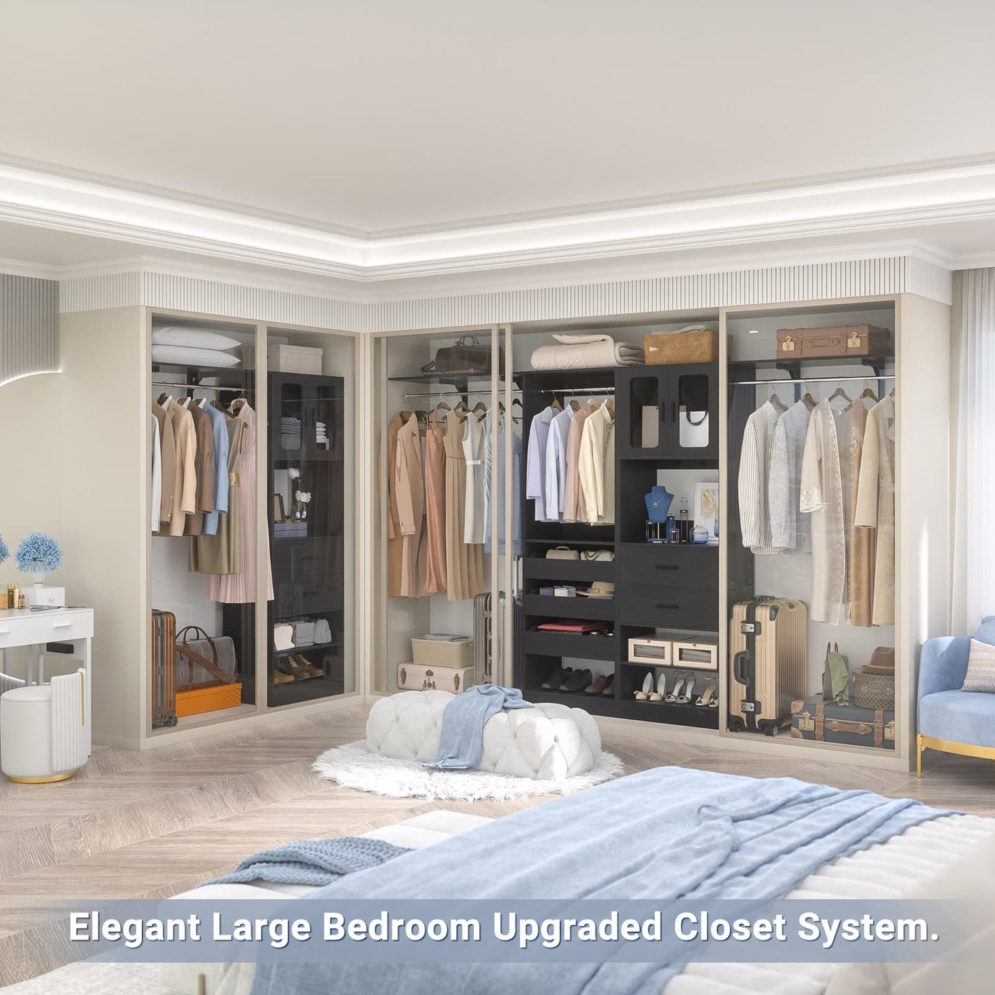 120'' Closet System with 2 Sets, 10FT Walk in Closet Organizer with 5 Drawers & 3 Hanging Rods, Reversible