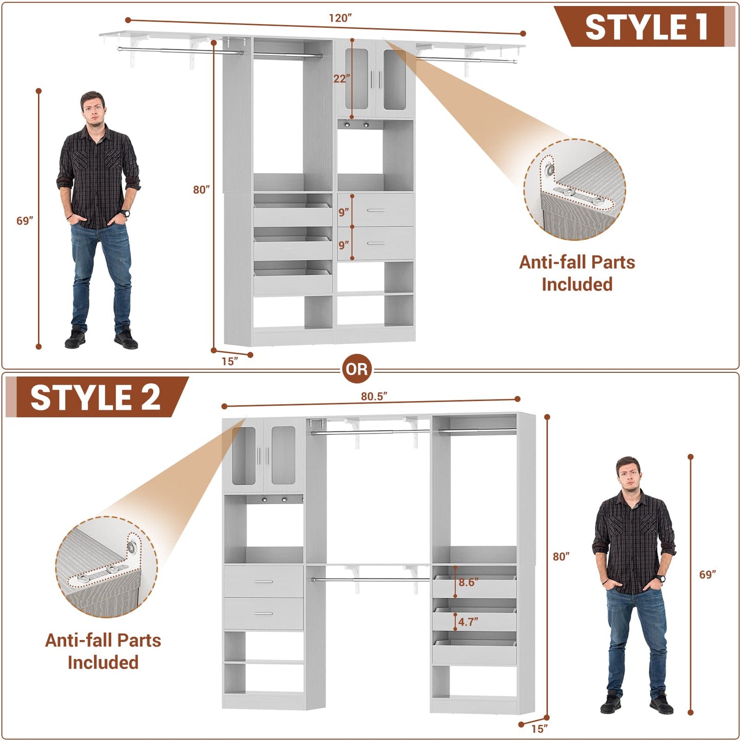 120'' Closet System with 2 Sets, 10FT Walk in Closet Organizer with 5 Drawers & 3 Hanging Rods, Reversible