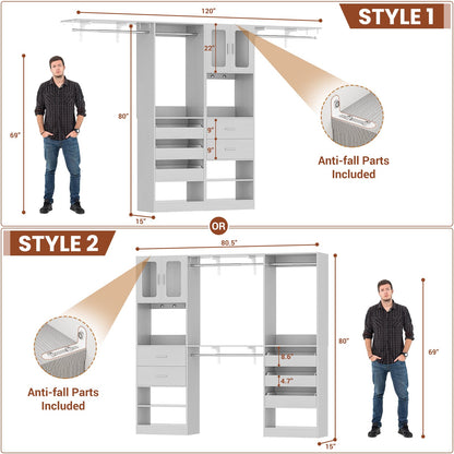 120'' Closet System with 2 Sets, 10FT Walk in Closet Organizer with 5 Drawers & 3 Hanging Rods, Reversible