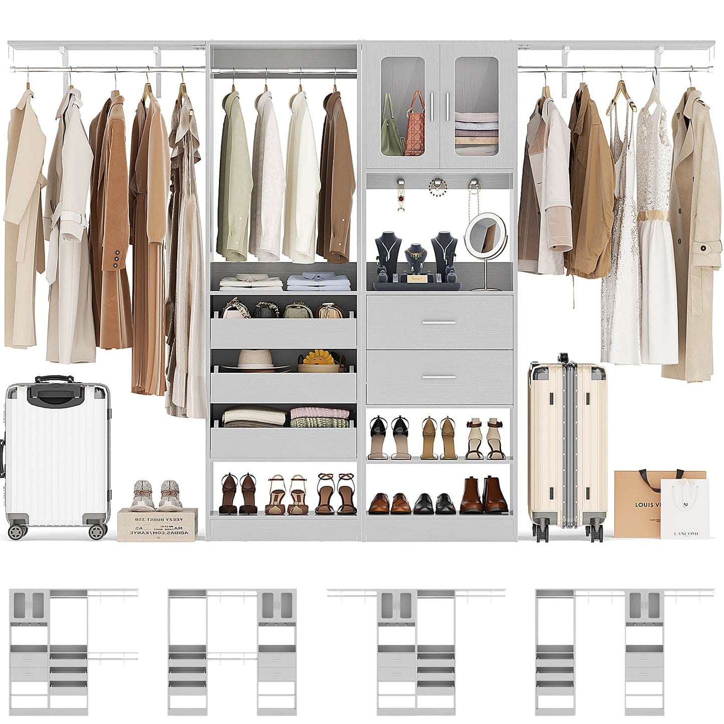 120'' Closet System with 2 Sets, 10FT Walk in Closet Organizer with 5 Drawers & 3 Hanging Rods, Reversible