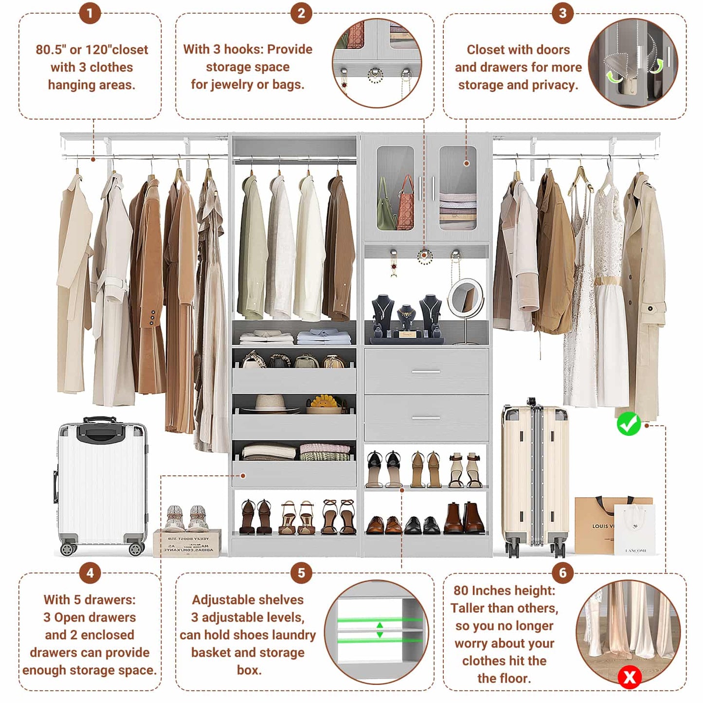 120'' Closet System with 2 Sets, 10FT Walk in Closet Organizer with 5 Drawers & 3 Hanging Rods, Reversible