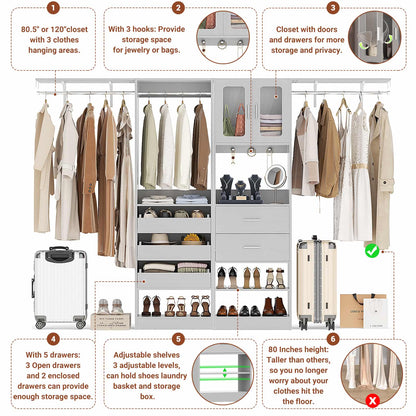 120'' Closet System with 2 Sets, 10FT Walk in Closet Organizer with 5 Drawers & 3 Hanging Rods, Reversible