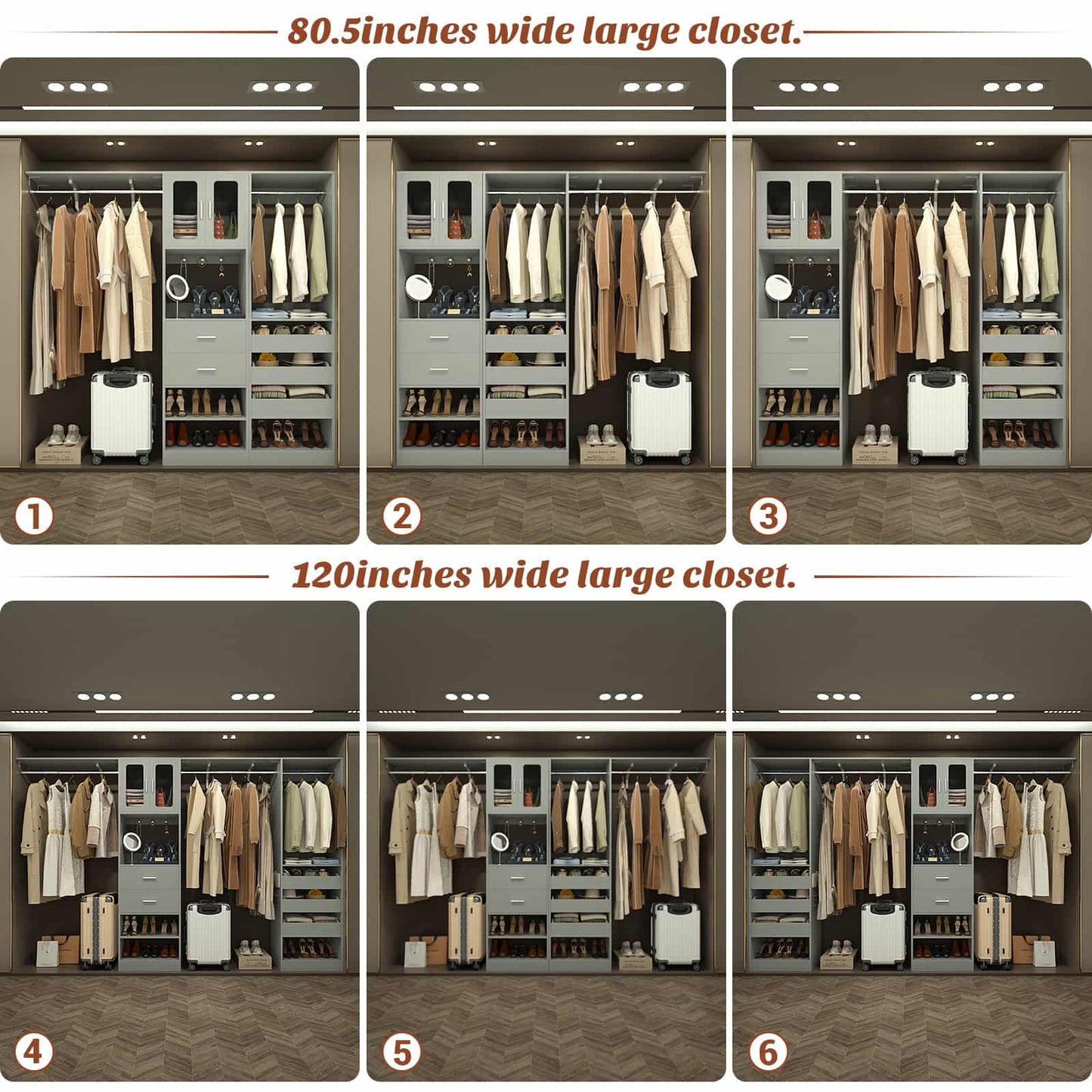 120'' Closet System with 2 Sets, 10FT Walk in Closet Organizer with 5 Drawers & 3 Hanging Rods, Reversible