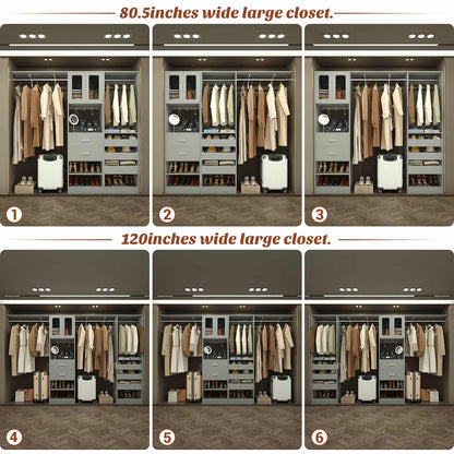 120'' Closet System with 2 Sets, 10FT Walk in Closet Organizer with 5 Drawers & 3 Hanging Rods, Reversible