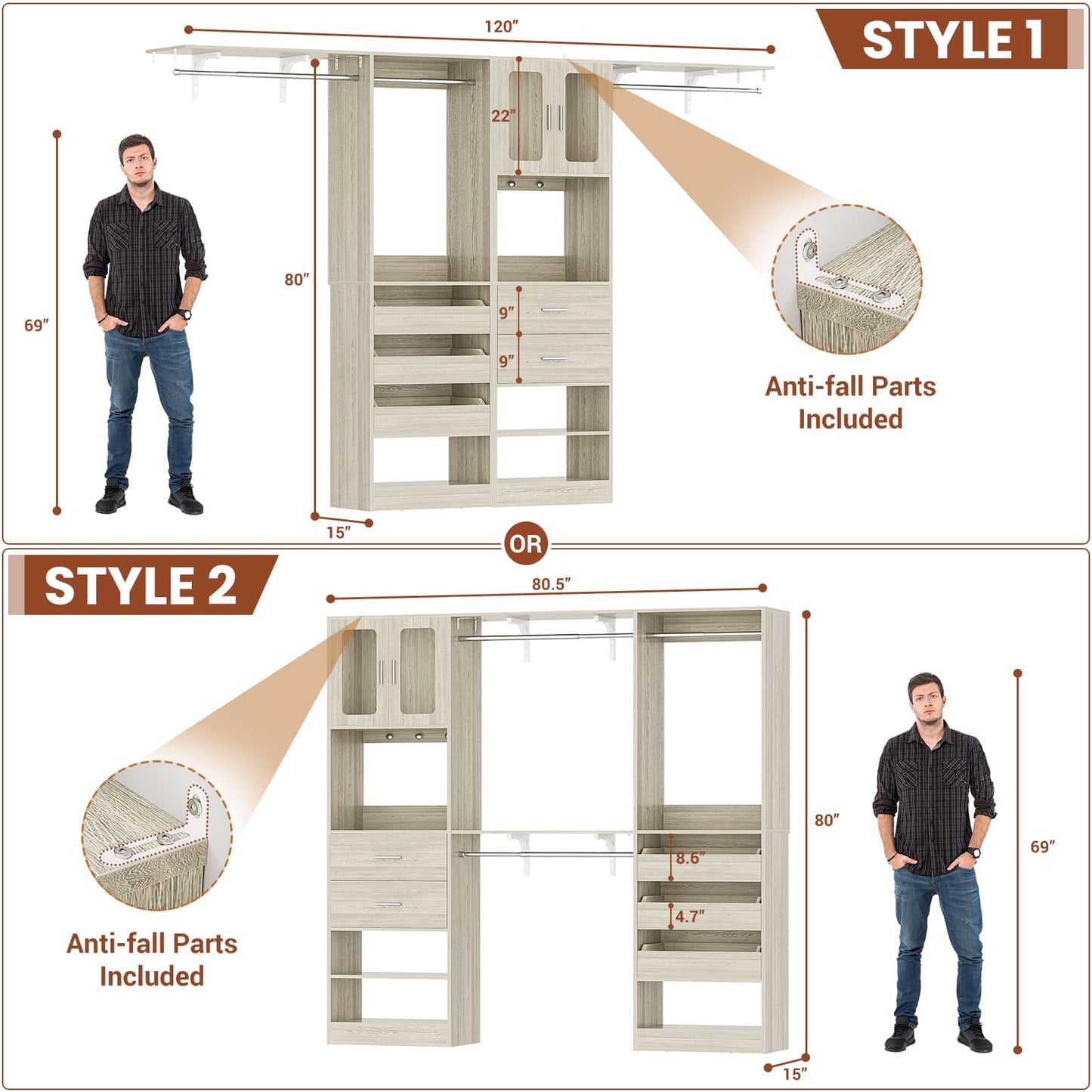 120'' Closet System with 2 Sets, 10FT Walk in Closet Organizer with 5 Drawers & 3 Hanging Rods, Reversible
