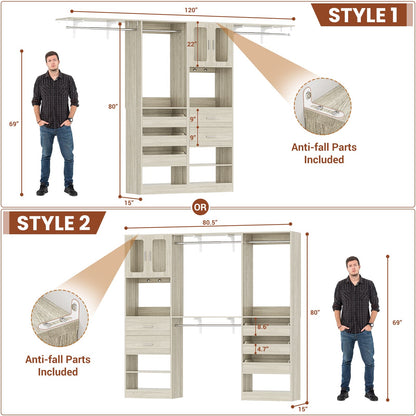 120'' Closet System with 2 Sets, 10FT Walk in Closet Organizer with 5 Drawers & 3 Hanging Rods, Reversible