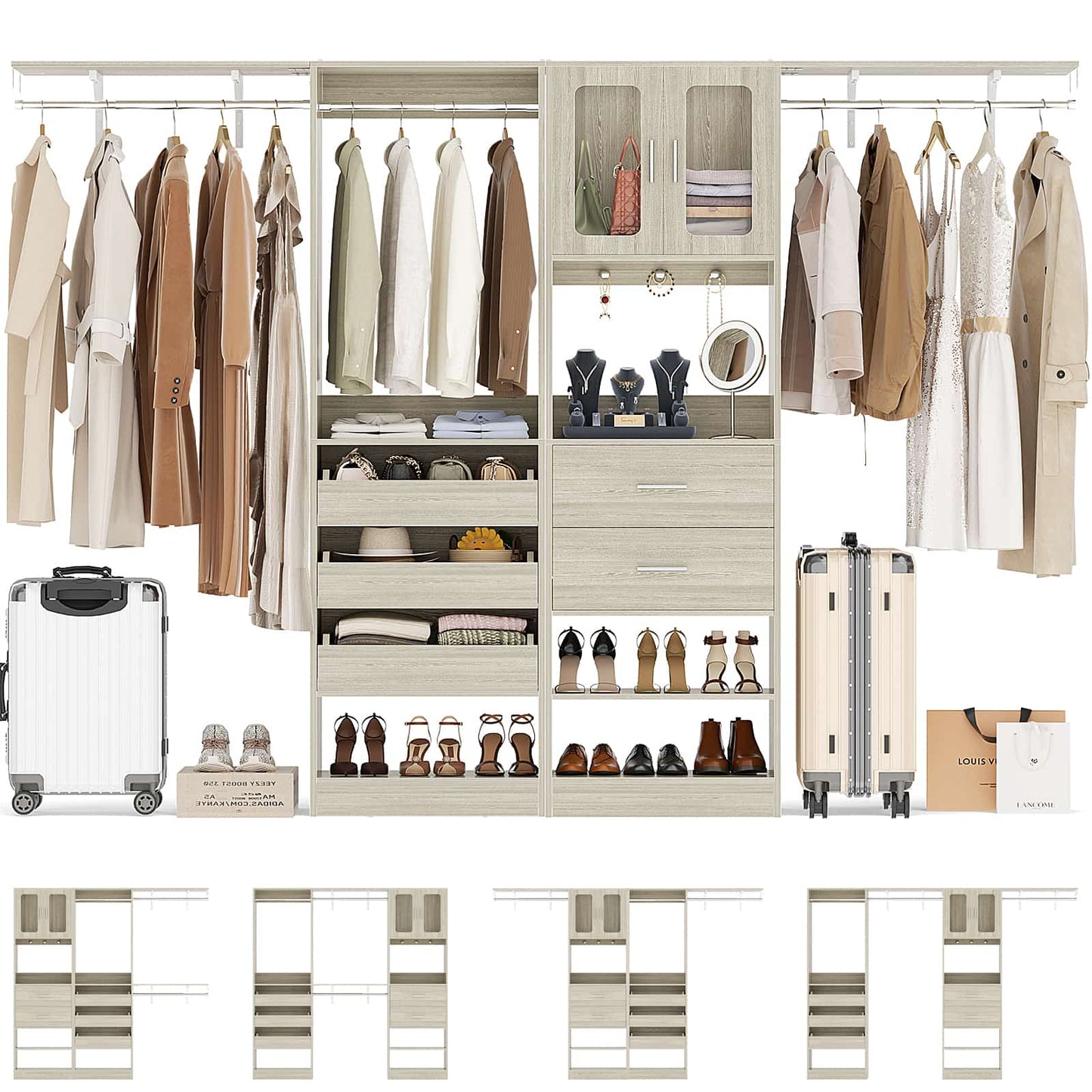 120'' Closet System with 2 Sets, 10FT Walk in Closet Organizer with 5 Drawers & 3 Hanging Rods, Reversible