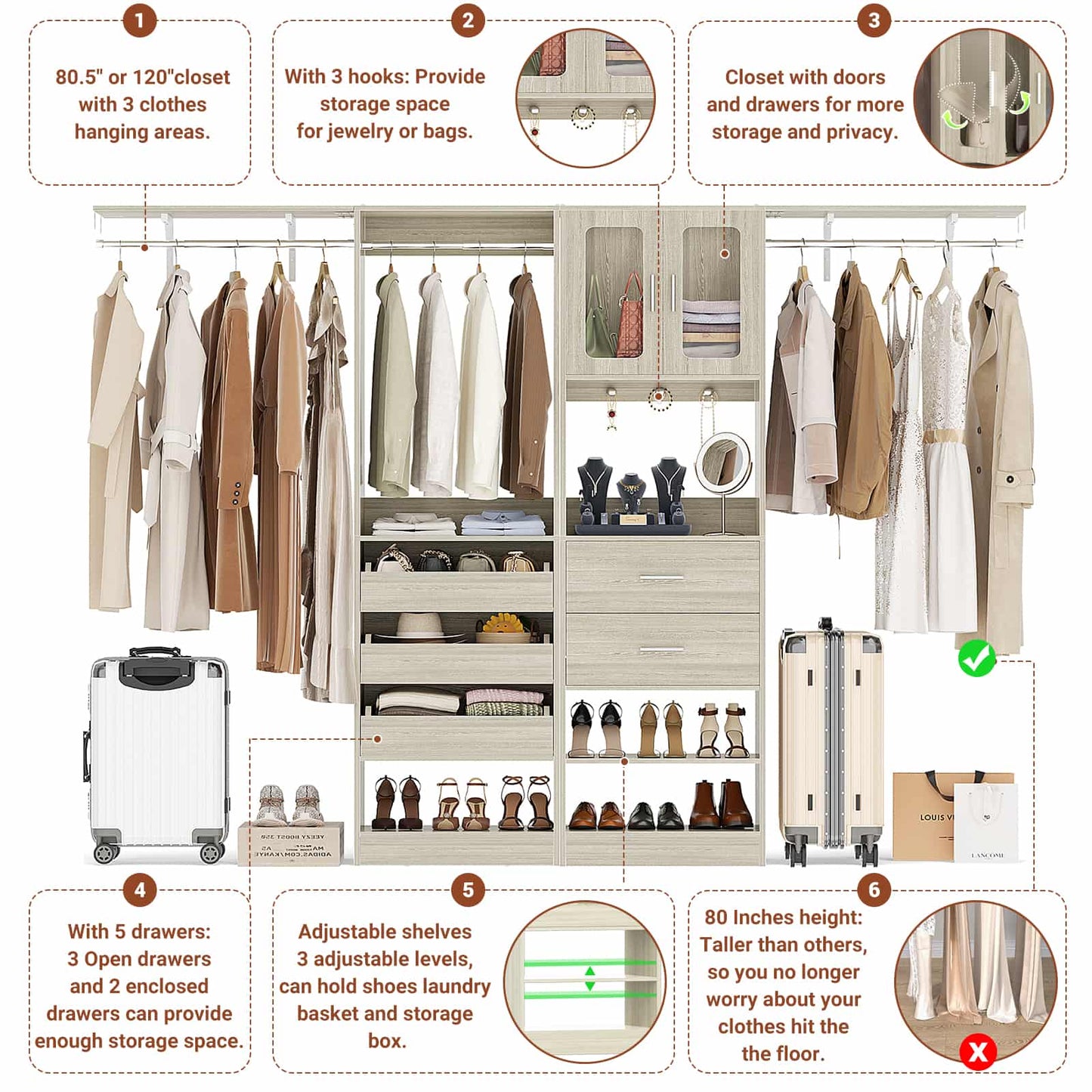 120'' Closet System with 2 Sets, 10FT Walk in Closet Organizer with 5 Drawers & 3 Hanging Rods, Reversible