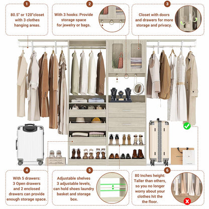 120'' Closet System with 2 Sets, 10FT Walk in Closet Organizer with 5 Drawers & 3 Hanging Rods, Reversible