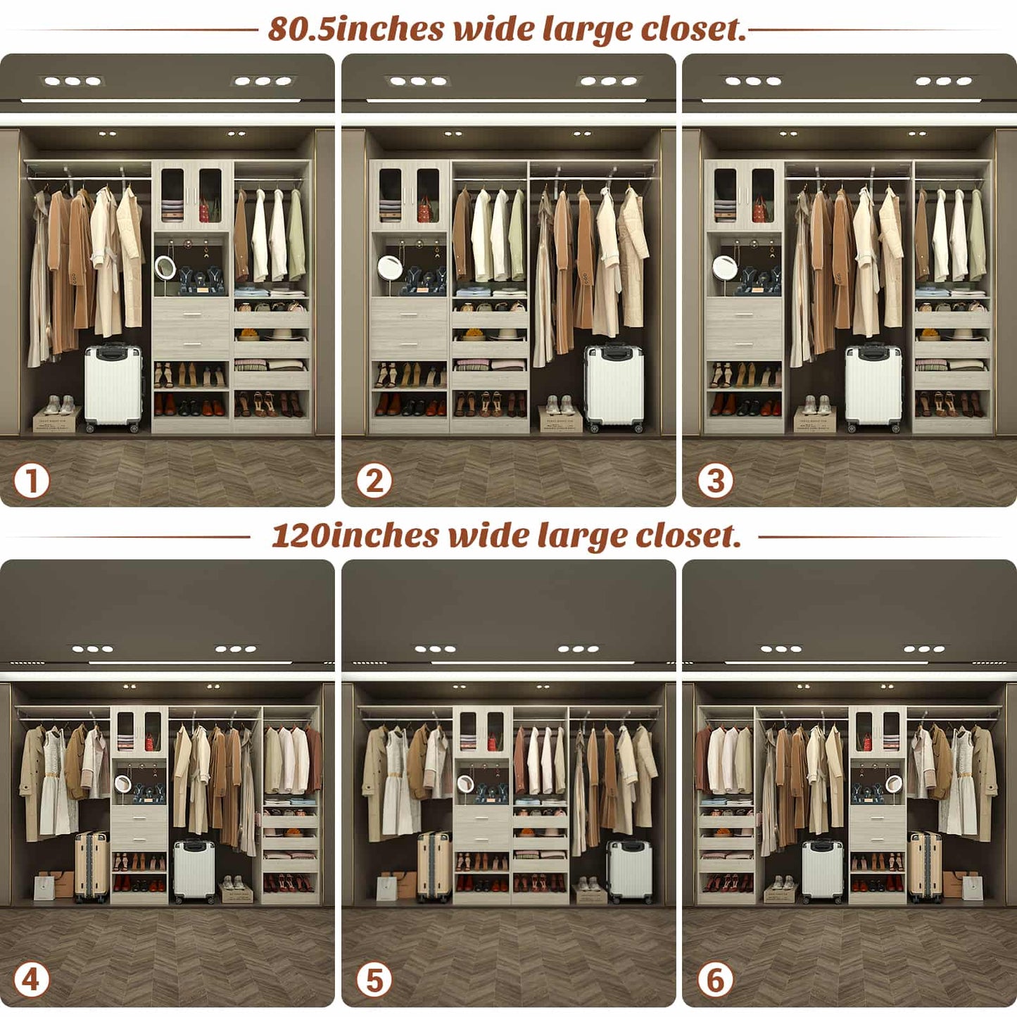 120'' Closet System with 2 Sets, 10FT Walk in Closet Organizer with 5 Drawers & 3 Hanging Rods, Reversible