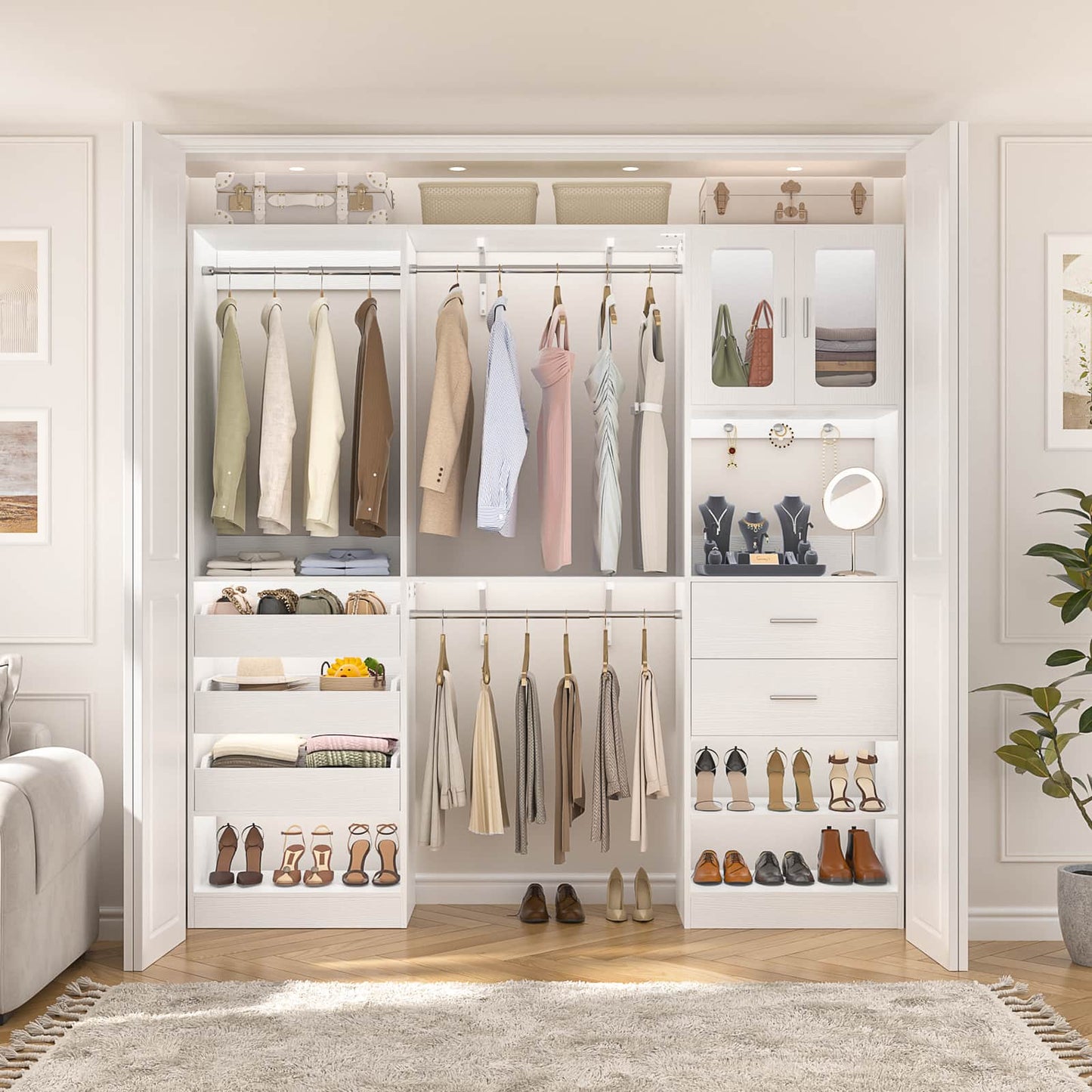 120'' Closet System with 2 Sets, 10FT Walk in Closet Organizer with 5 Drawers & 3 Hanging Rods, Reversible