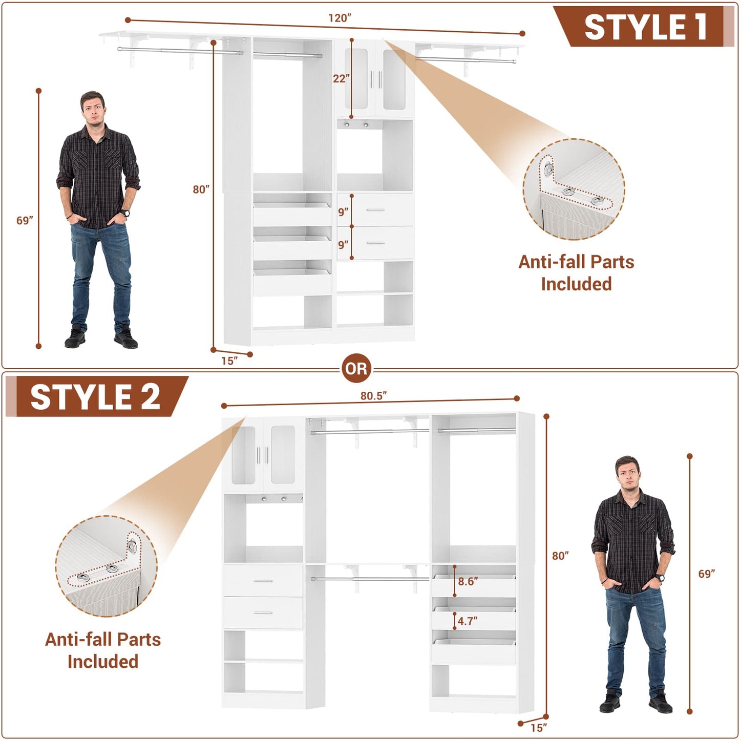 120'' Closet System with 2 Sets, 10FT Walk in Closet Organizer with 5 Drawers & 3 Hanging Rods, Reversible
