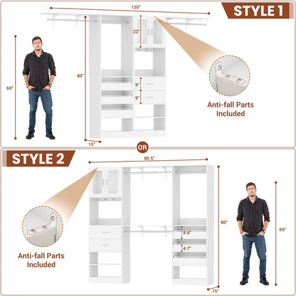 120'' Closet System with 2 Sets, 10FT Walk in Closet Organizer with 5 Drawers & 3 Hanging Rods, Reversible