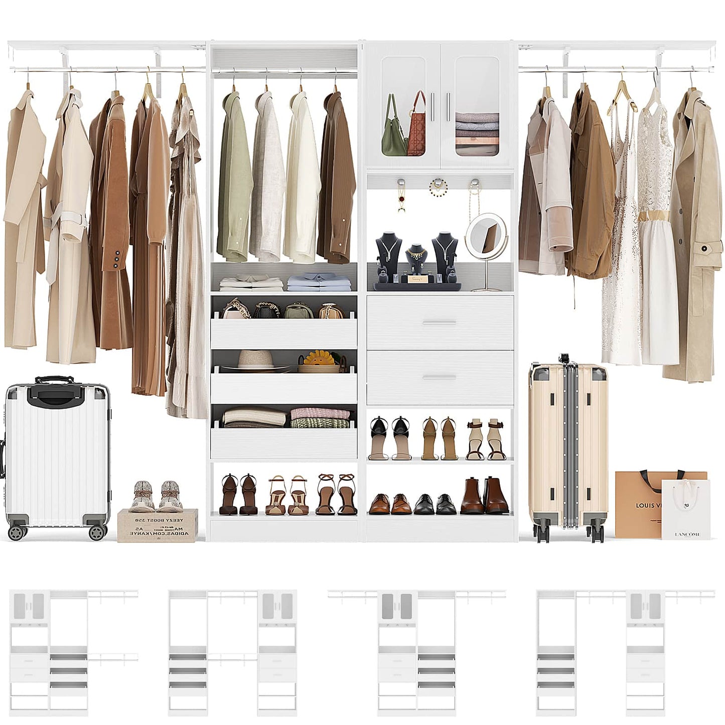 120'' Closet System with 2 Sets, 10FT Walk in Closet Organizer with 5 Drawers & 3 Hanging Rods, Reversible