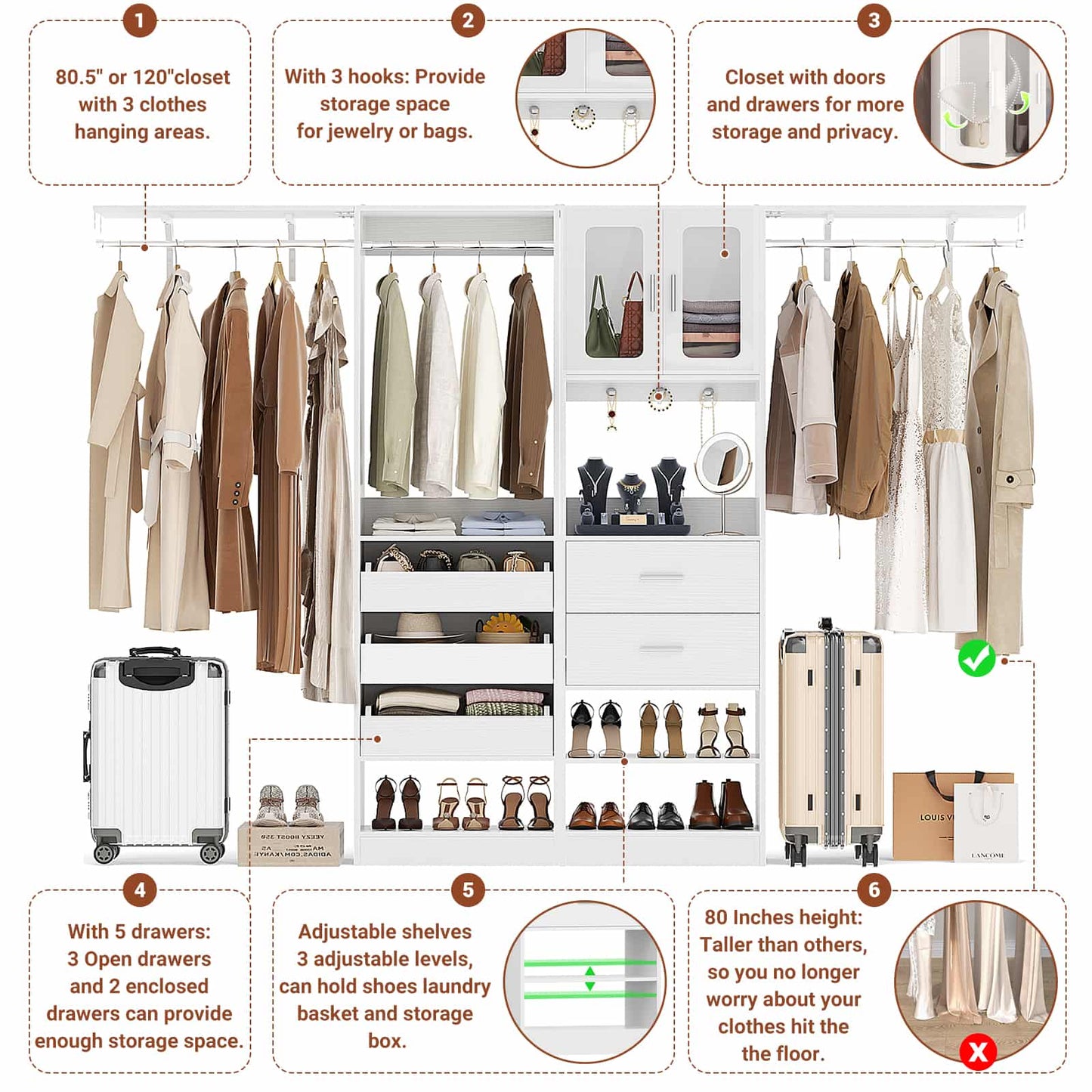 120'' Closet System with 2 Sets, 10FT Walk in Closet Organizer with 5 Drawers & 3 Hanging Rods, Reversible