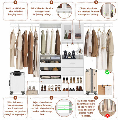 120'' Closet System with 2 Sets, 10FT Walk in Closet Organizer with 5 Drawers & 3 Hanging Rods, Reversible