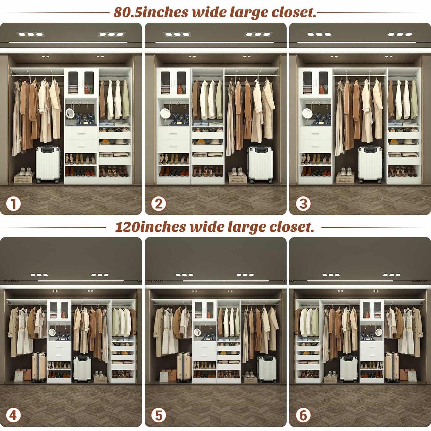 120'' Closet System with 2 Sets, 10FT Walk in Closet Organizer with 5 Drawers & 3 Hanging Rods, Reversible