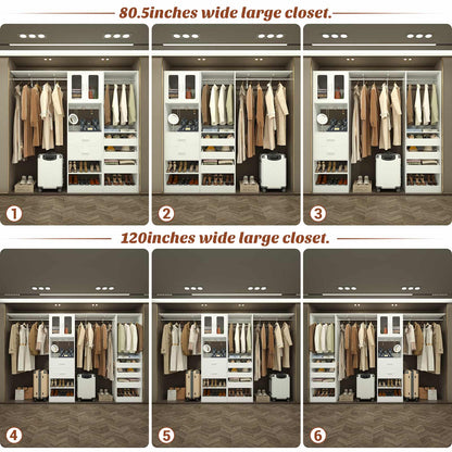 120'' Closet System with 2 Sets, 10FT Walk in Closet Organizer with 5 Drawers & 3 Hanging Rods, Reversible